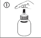 A hand with an extended index finger pressing down on the cap of a vial, indicating the first step of the medication instructions