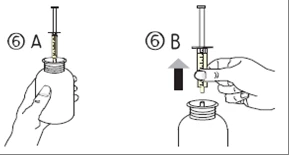 Instructional schematic: drawing A shows the syringe inserted into the vial, and drawing B shows removing the syringe from the vial with a black arrow pointing upward