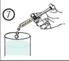A hand holding a syringe dispensing two drops of liquid into a glass filled with water, with the number seven in a circle nearby