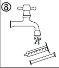 A schematic illustration showing a tap dripping water droplets onto two syringes lying on a surface, with the number eight in a circle nearby