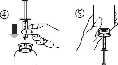 Disegno istruzionale numero 4 che mostra una mano che impugna una siringa sopra una fiala con una freccia nera rivolta verso il basso e disegno numero 5 con una mano che impugna la fiala
