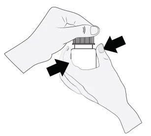 Two hands holding a bottle with a cap, black arrows indicating squeezing or rotating motion of the device in the hands
