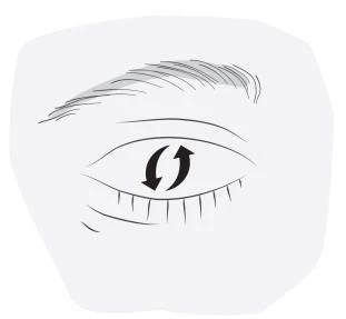 Schematic drawings of the human eye with two black arrows forming a circle inside the iris, symbolizing rotational movement of the eyeball