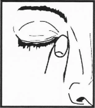 Black and white drawing showing a close-up of a human face with a closed eye, eyebrow, and visible part of the nose