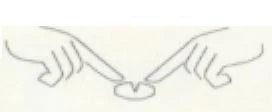 Dos manos señalando con los dedos índice hacia una pastilla blanca colocada en una superficie plana en el centro del dibujo