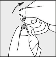 Hands holding and unscrewing a cap from the top of a small container or vial, with a black arrow indicating upward motion
