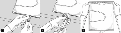 Tre illustrazioni che mostrano mani con guanti mentre preparano un farmaco: svitano un tappo, iniettano liquido con una siringa e tengono un imballaggio pronto