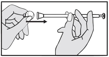 The left hand holds a small round element which is being moved by an arrow towards a long syringe held by the right hand
