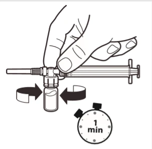 Una mano tiene la siringa collegata alla fiala; la siringa viene agitata energicamente, come indicano le frecce nere, e un orologio con la scritta 1 min