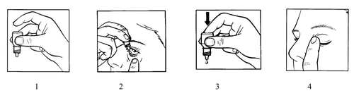 Cuatro esquemas de instrucciones: mano sosteniendo un frasco, aplicando gotas en el ojo, vertiendo líquido del frasco y tocando el párpado inferior con el dedo