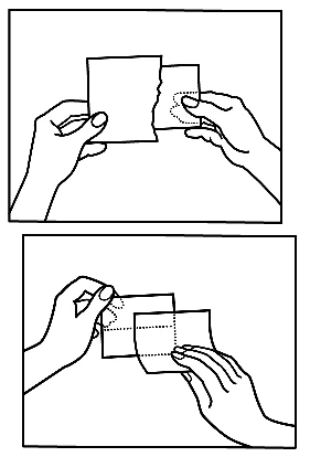 Dos pares de manos sosteniendo y separando dos hojas blancas de papel, mostrando el proceso de separación o desdoblado de las capas del prospecto