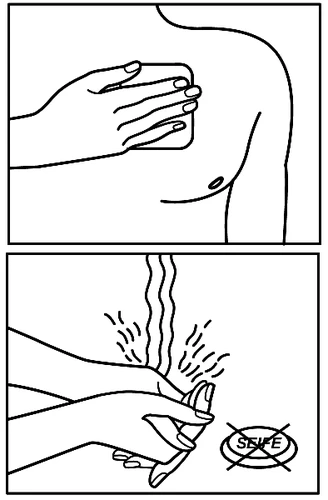 Ilustración que muestra una mano colocada sobre el tórax y otras manos masajeando la zona del tórax, con símbolos de vibración y la leyenda 'SELF' tachada