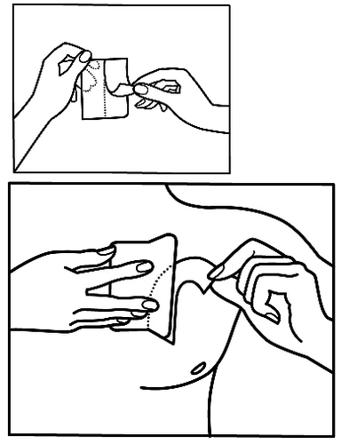 Due istruzioni illustrate mostrano mani che staccano l'imballaggio di un medicinale e applicano un cerotto sulla pelle del torace