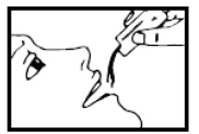 Disegno del profilo del volto di una persona con la bocca aperta, verso cui dall'alto viene diretto un flusso di liquido proveniente da un erogatore o da una pipetta