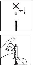 Diagram showing incorrect attachment of a needle to a syringe with a large red X, and the correct way of holding the syringe by the user's hands
