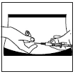 Two hands holding a syringe with a needle, preparing to administer an injection, set against a light-colored rectangular background