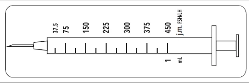 Jeringa esquemática con aguja y graduación en mililitros, que incluye marcas de unidades FSH/LH desde 37,5 hasta 450 y una capacidad de 1 ml
