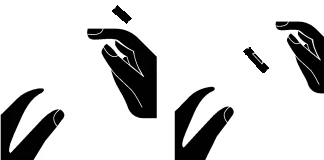 Silueta negra de una mano sosteniendo una pequeña pastilla y otra mano en movimiento, preparándose para tomar el medicamento sobre fondo blanco