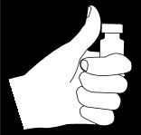 Mano blanca sosteniendo verticalmente un pequeño frasco de medicamento, con el pulgar levantado hacia arriba, sobre fondo negro
