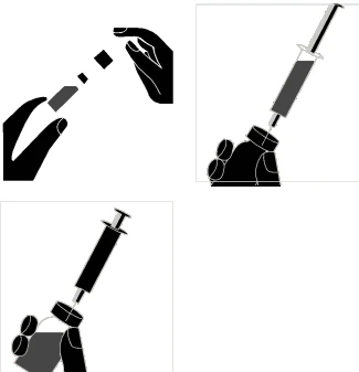 Esquemas en blanco y negro que muestran manos montando una aguja en una jeringa y el proceso de introducir la aguja en el tapón de un frasco de medicamento