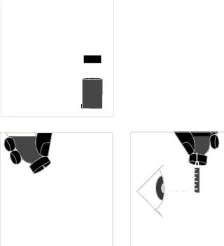 Instrucción esquemática que muestra cómo colocar un elemento negro sobre un recipiente gris y alinear la marca vertical con el ojo del usuario