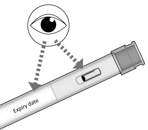 Ilustración esquemática de un inyector blanco con la inscripción 'Expiry date' y un ojo ampliado que indica la ventana de control del dispositivo