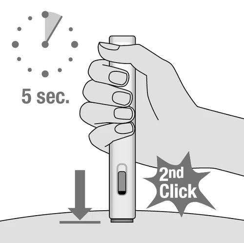 Mano destra che impugna verticalmente una siringa bianca premuta contro la pelle, con orologio che indica 5 secondi e la scritta "2nd Click" in una stella