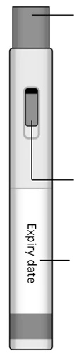 Vertical white syringe with gray components, 'Expiry date' label, and lines indicating specific parts of the device