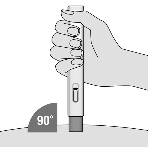 Hand holding a white syringe at a 90-degree angle perpendicular to the body surface for drug administration