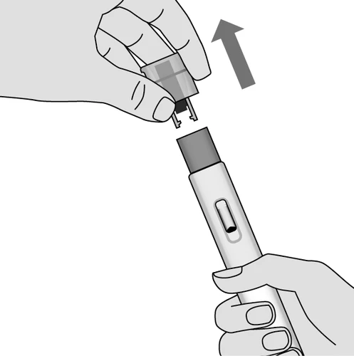 Manos desmontando una tapa transparente de la parte superior de un dispositivo médico blanco, indicado con una flecha gris apuntando hacia arriba