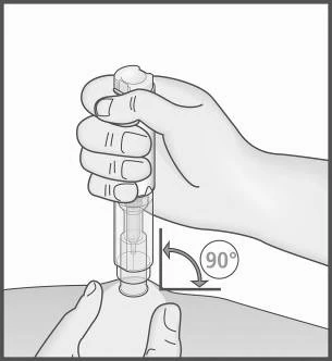 Mano sosteniendo un inyector en ángulo recto de 90 grados respecto a la superficie de la piel, preparándose para administrar el medicamento en el tejido