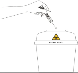 Mano que sostiene una jeringa dirigida hacia un recipiente blanco con símbolo amarillo de peligro biológico y la leyenda BIOHAZARD