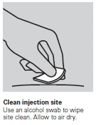 Hand holding a cotton swab soaked in alcohol, wiping the skin at the intended medical injection site