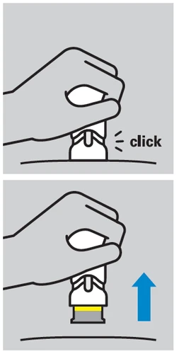 Hand pressing the built-in button of a medical device labeled 'click', with a blue arrow pointing upward indicating the device's movement
