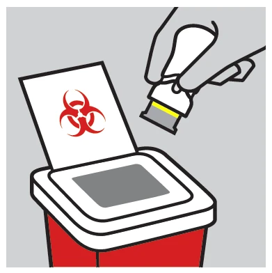Mano che impugna un componente medico usato e lo getta in un contenitore rosso per rifiuti biologici con il simbolo di pericolo biologico