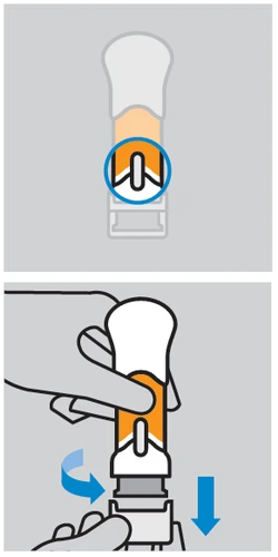 Schema che mostra una mano che impugna una siringa bianco-arancione e frecce blu che indicano la direzione di rotazione e il movimento verso il basso del dispositivo