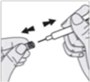 Two hands holding a vial and a syringe; black arrows indicate the motion of moving the needle toward the vial's opening to draw medication