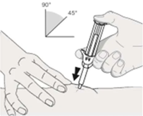 Mano che impugna una siringa ad un angolo di 45 gradi rispetto alla pelle, inserendo l'ago nel corpo; accanto, uno schema con angoli di 45 e 90 gradi