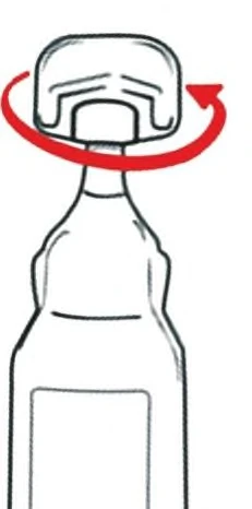 Dibujo que muestra una botella de medicamento, con una flecha roja sobre ella indicando el giro de la tapa en sentido horario