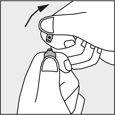 Hands holding a medical device, one hand sliding the upper part upward, indicated by a black arrow pointing upwards