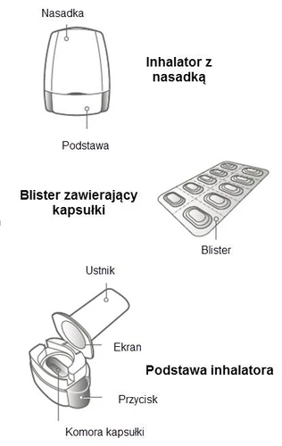 Медицинская схема, показывающая ингалятор с насадкой и основанием, блистер с капсулами, а также основание ингалятора с мундштуком, экраном и кнопкой