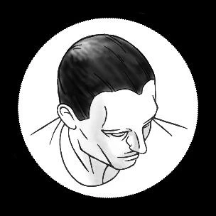 Black-and-white illustration showing the head and shoulders of a man with bowed head and gaze directed downward, set within a circular white field