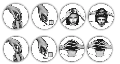 Series of eight drawings depicting hands preparing medication and women massaging their temples and the top of the head to relieve pain