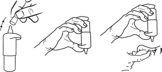 Ilustración que muestra tres etapas del uso del medicamento: colocar el dispensador en el frasco, mantenerlo en posición vertical y pulsar el botón con la mano