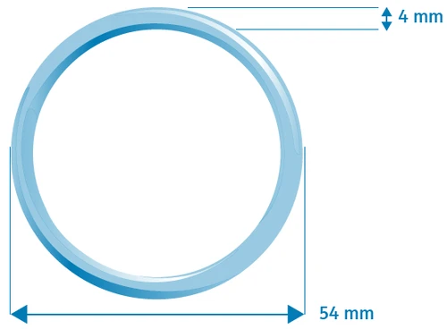 Anillo azul con un diámetro interno de 54 mm y un grosor de 4 mm, presentado sobre fondo blanco con dimensiones indicadas mediante flechas azules
