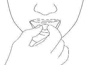 Illustrazione che mostra delle mani che portano un piccolo contenitore o capsula alla bocca di una persona per assumere un farmaco