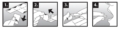 Four diagrams showing the process of opening a medication package: removing the ampoule, peeling off the seal, removing the cap, and holding the preparation