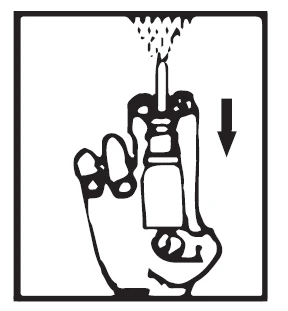 A hand holding a syringe vertically, with sprayed substance emerging from it, and a black downward-pointing arrow visible next to it