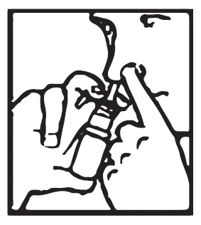 A black line drawing showing hands holding a nasal dispenser near the nose of a person preparing for intranasal drug administration
