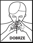 A black-and-white drawing of a person holding a small medication package close to the face, pointing with a finger to indicate the correct placement of the product
